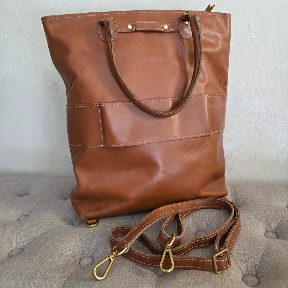Sseko Convertible Noonday Tan Leather Bucket Tote Grocery Diaper Hand Bag Uganda
